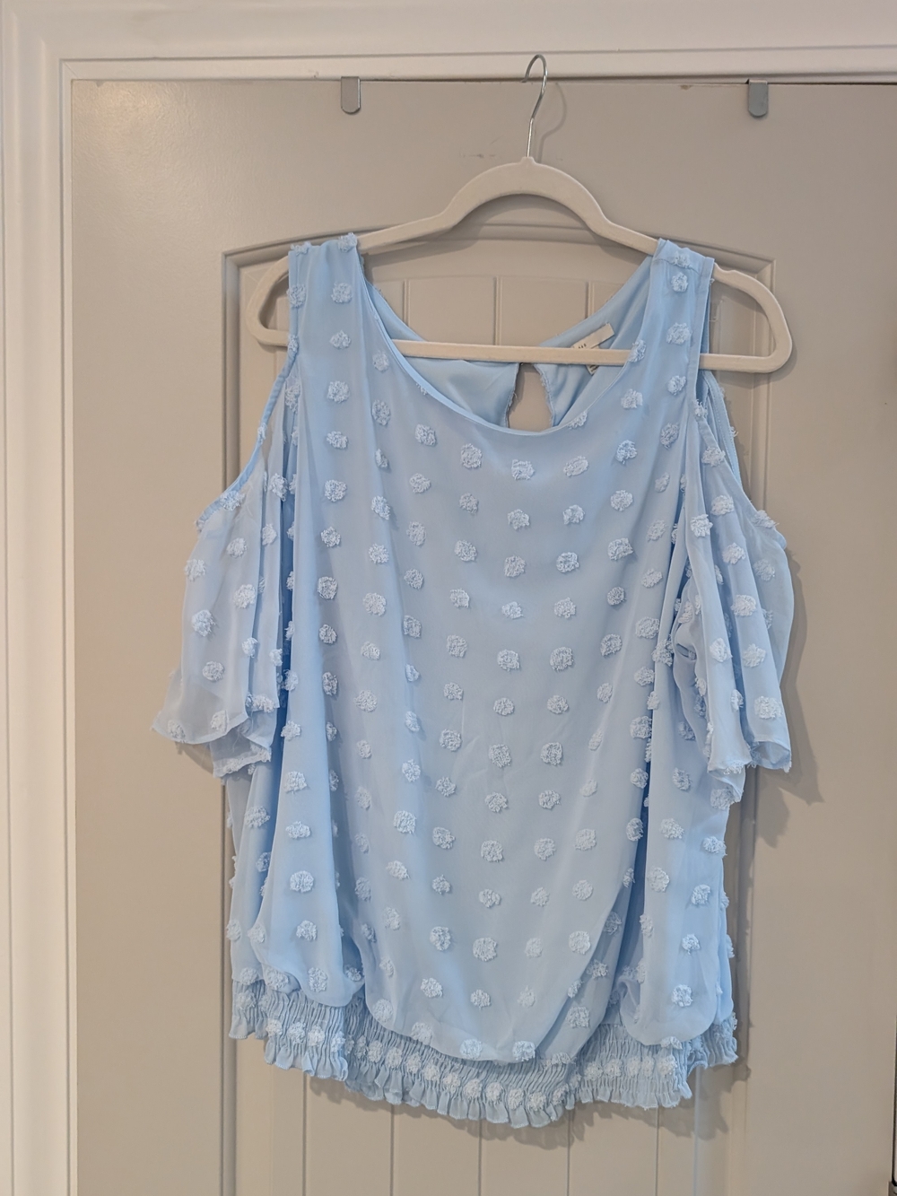 Cold-Shoulder Light Blue Textured Chiffon Blouse